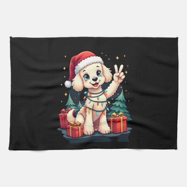 Funny Peace Hand Poodle Christmas Lights Womens Me Tea Towel (Horizontal)
