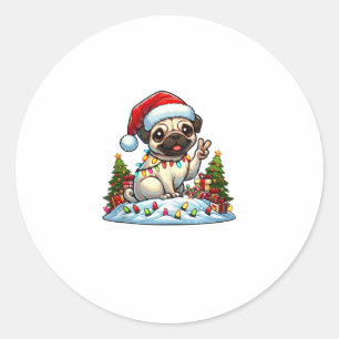 Funny Peace Hand Pug Christmas Lights Womens Mens Classic Round Sticker
