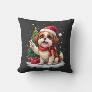 Funny Peace Hand Shih Tzu Christmas Lights Womens  Cushion