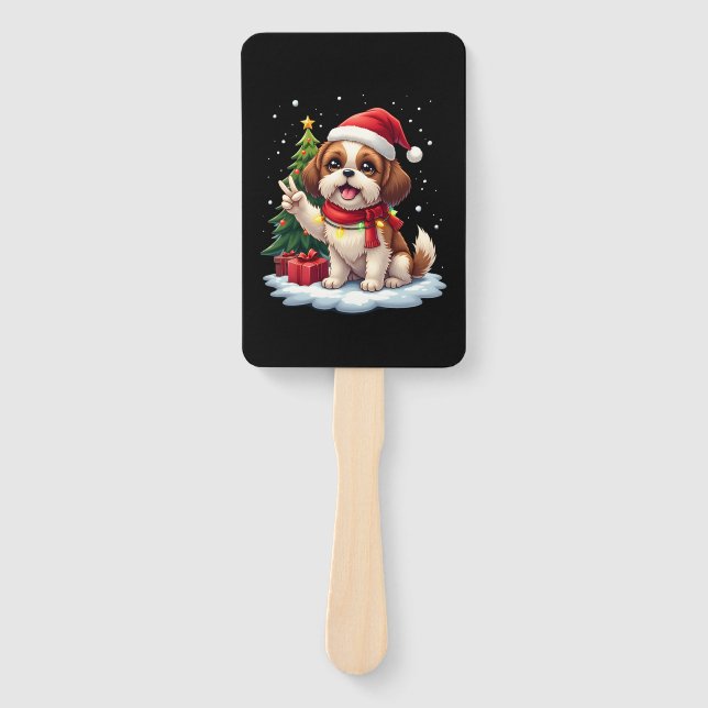 Funny Peace Hand Shih Tzu Christmas Lights Womens  Hand Fan (Front)