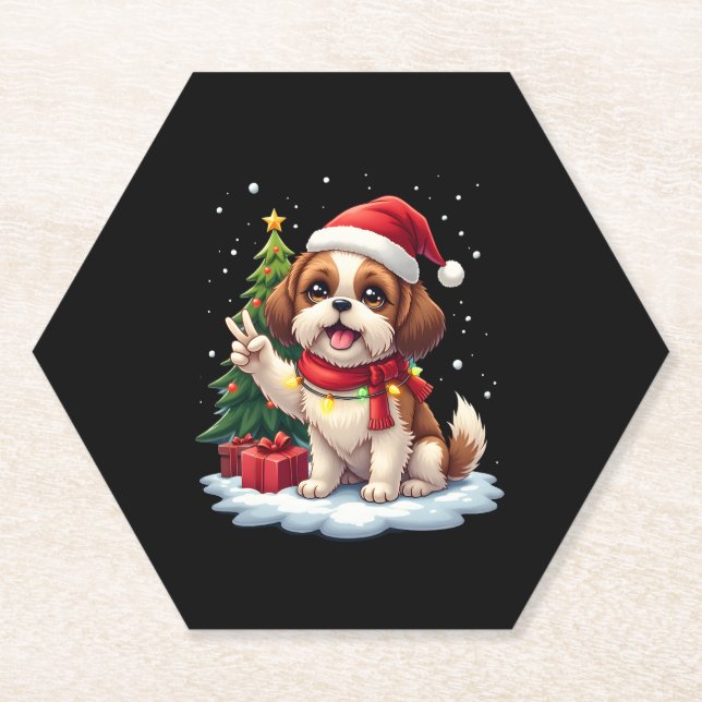 Funny Peace Hand Shih Tzu Christmas Lights Womens  Paper Coaster (Front)