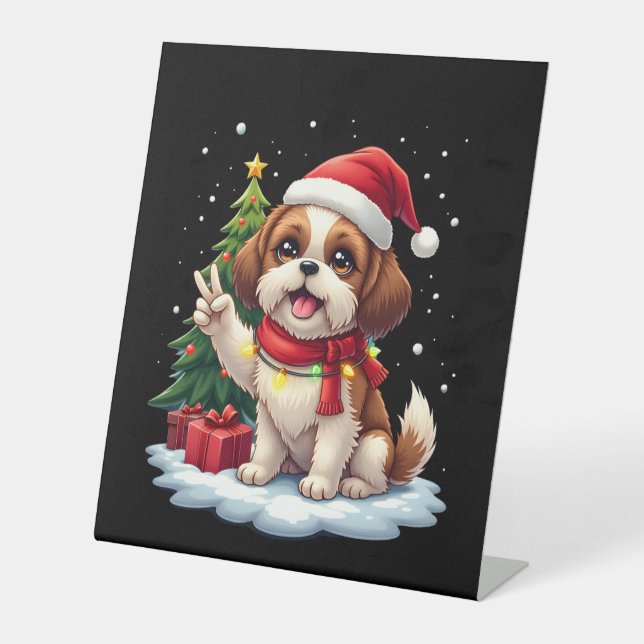 Funny Peace Hand Shih Tzu Christmas Lights Womens  Pedestal Sign (Front)