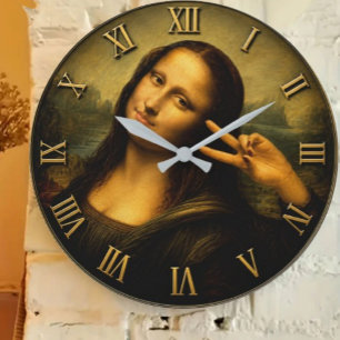 Funny Peace Mona Lisa Victory Sign Renaissance Art Large Clock