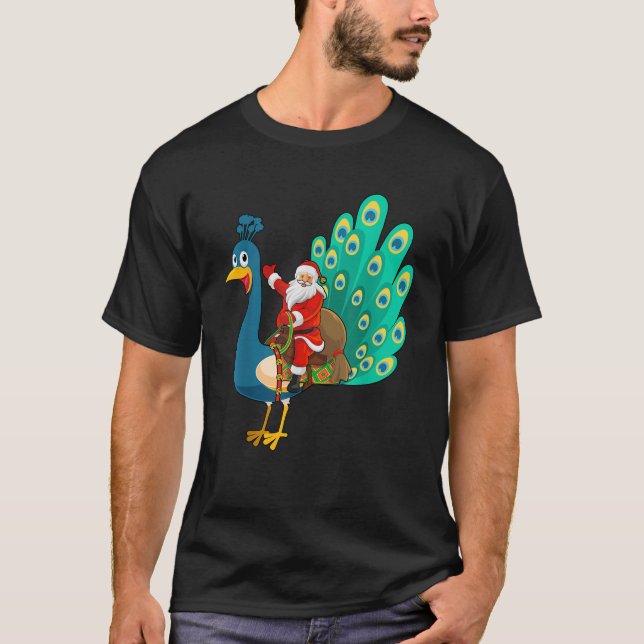 Funny Peacock Bird Lover Santa Riding Peacock Chri T-Shirt (Front)