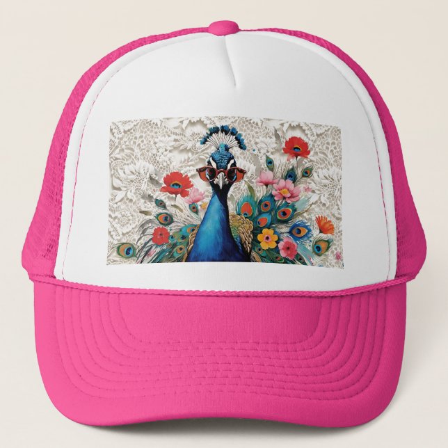 Funny Peacock Wearing Sunglasses Floral Lace Trucker Hat (Front)