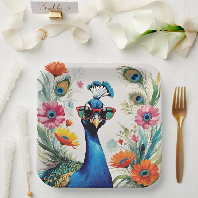 Funny Peacock Wearing Sunglasses Floral Paper Plate (Wedding)