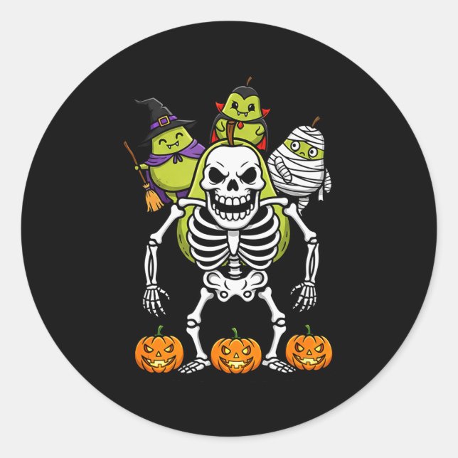 Funny Pear Skeleton Mummy Witch Halloween Kids Men Classic Round Sticker (Front)