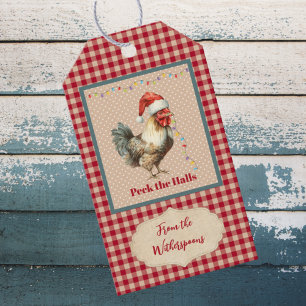 Funny Peck the Halls Rooster Christmas Farmhouse Gift Tags