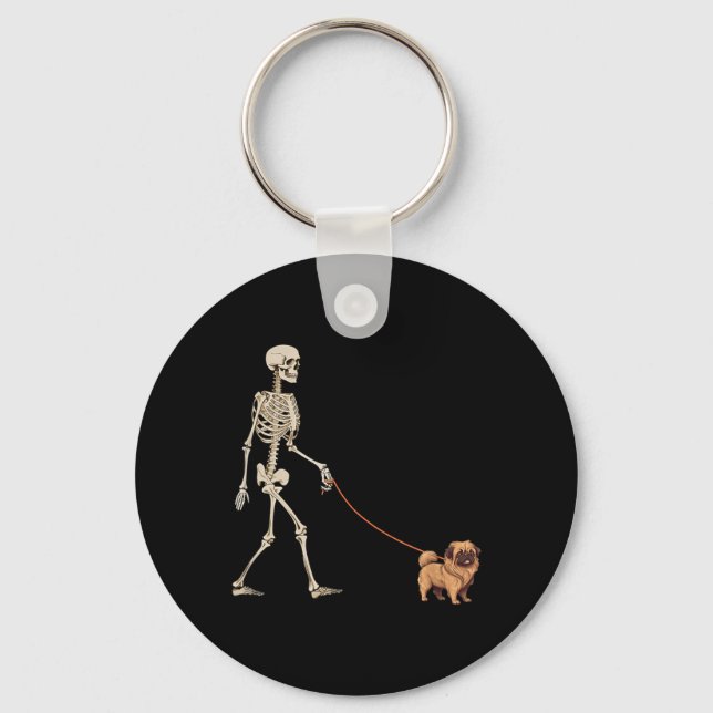 Funny Pekingese Skeleton Dog Walking Halloween Dog Key Ring (Front)
