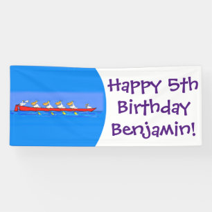 Funny pelican rowing team cartoon illustration banner