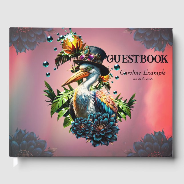 Funny pelican with steampunk hat and tropical fant guest book (Front)
