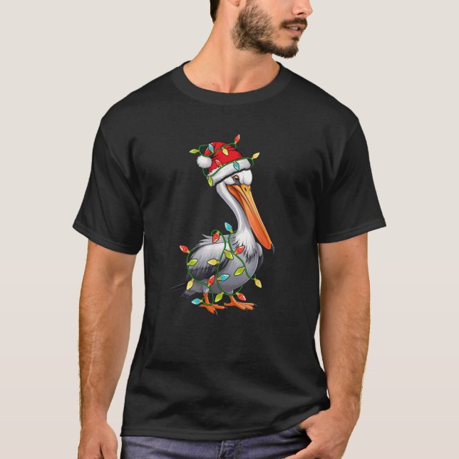 Funny Pelican Wrapped In Christmas Lights Santa Ha T-Shirt (Front)