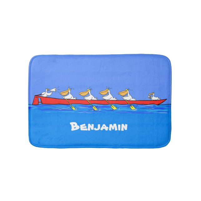 Funny pelicans rowing cartoon illustration bath mat (Front)