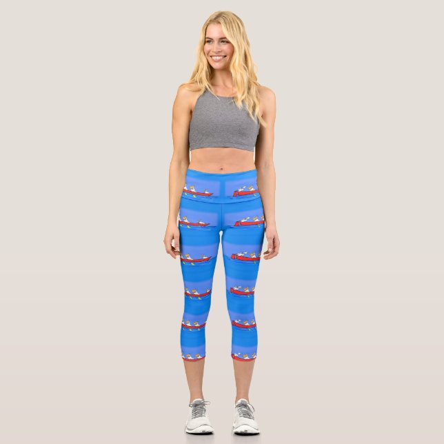 Funny pelicans rowing cartoon illustration capri leggings (Front)