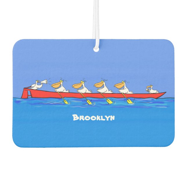 Funny pelicans rowing cartoon illustration  car air freshener (Front)