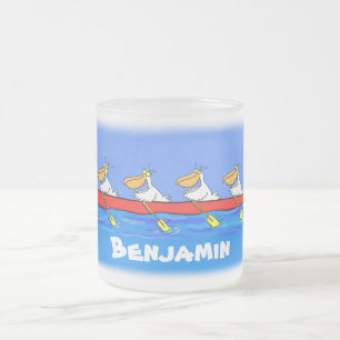 Funny pelicans rowing cartoon illustration frosted glass coffee mug