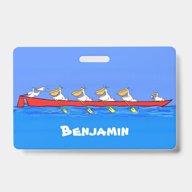 Funny pelicans rowing cartoon illustration ID badge (Front)