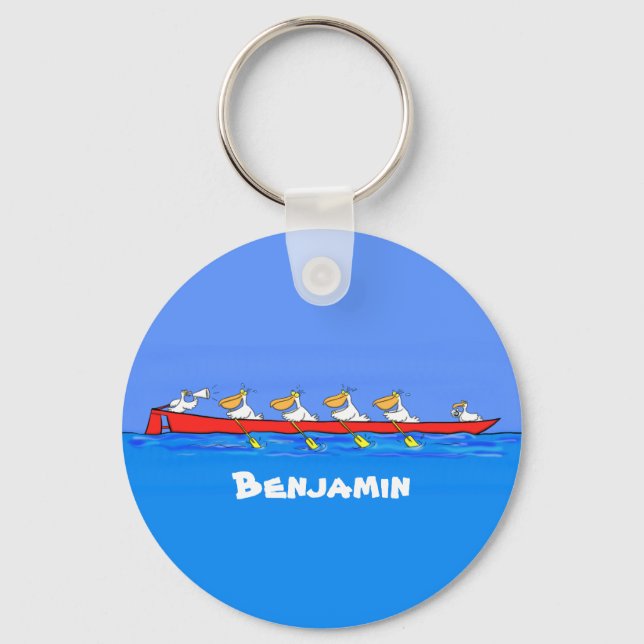 Funny pelicans rowing cartoon illustration key ring (Front)