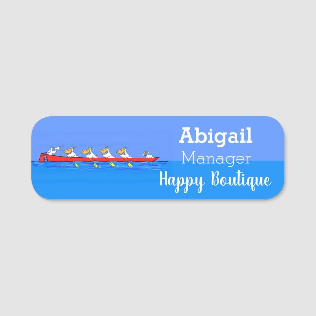 Funny pelicans rowing cartoon illustration name tag (Front)