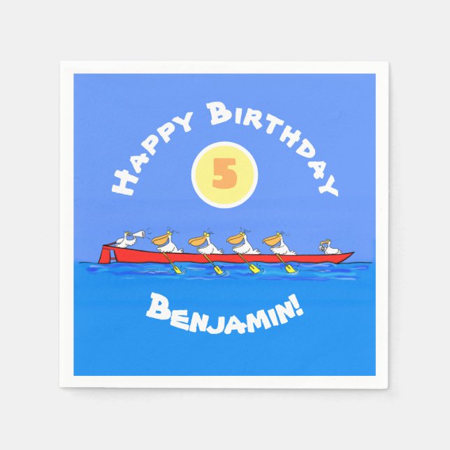 Funny pelicans rowing cartoon illustration napkin (Front)