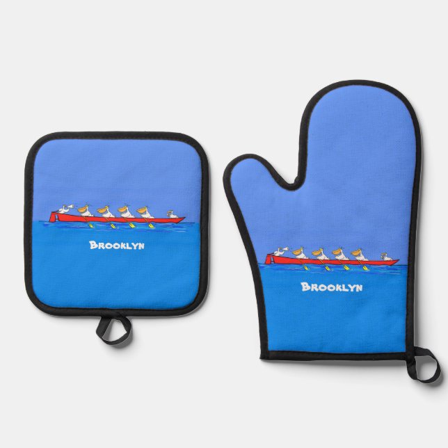 Funny pelicans rowing cartoon illustration oven mitt & pot holder set (Front)