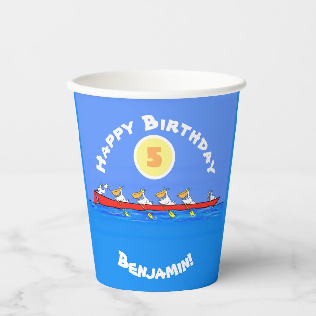 Funny pelicans rowing cartoon illustration paper cups (Front)