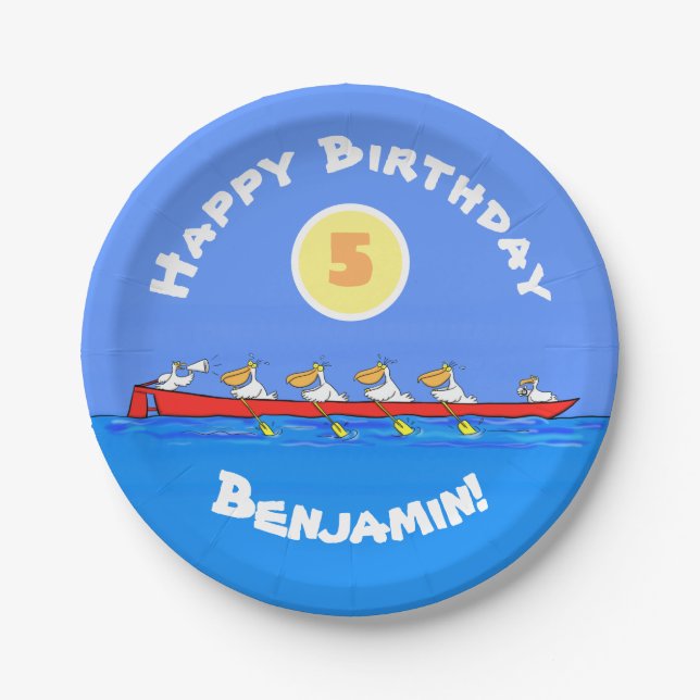 Funny pelicans rowing cartoon illustration paper plate (Front)