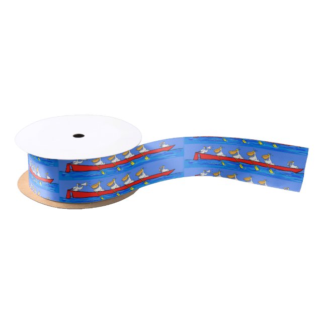 Funny pelicans rowing cartoon illustration satin ribbon (Spool)