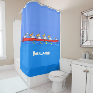 Funny pelicans rowing cartoon illustration shower curtain
