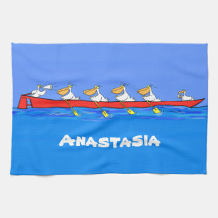 Funny pelicans rowing cartoon illustration tea towel