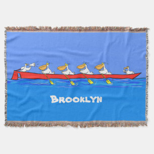 Funny pelicans rowing cartoon illustration throw blanket
