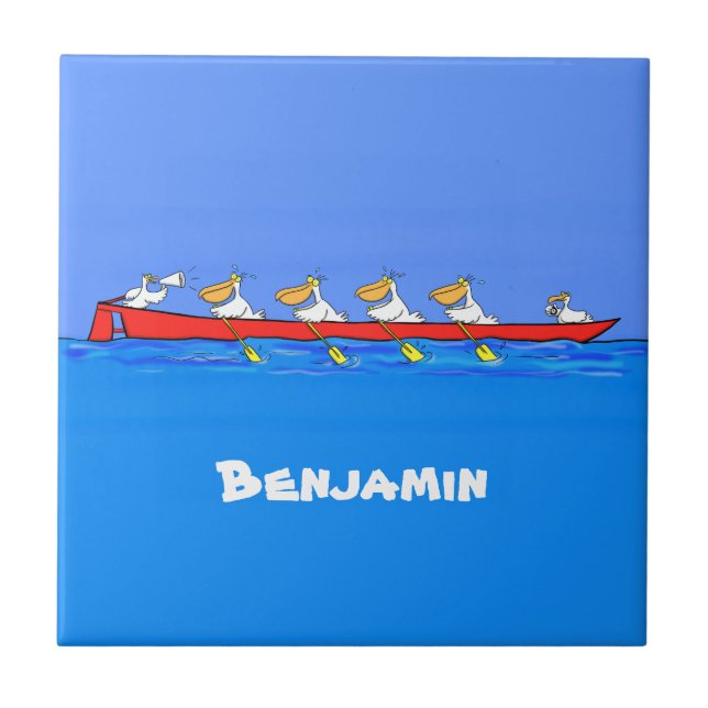 Funny pelicans rowing cartoon illustration tile (Front)