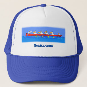 Funny pelicans rowing cartoon illustration trucker hat