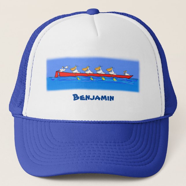 Funny pelicans rowing cartoon illustration trucker hat (Front)