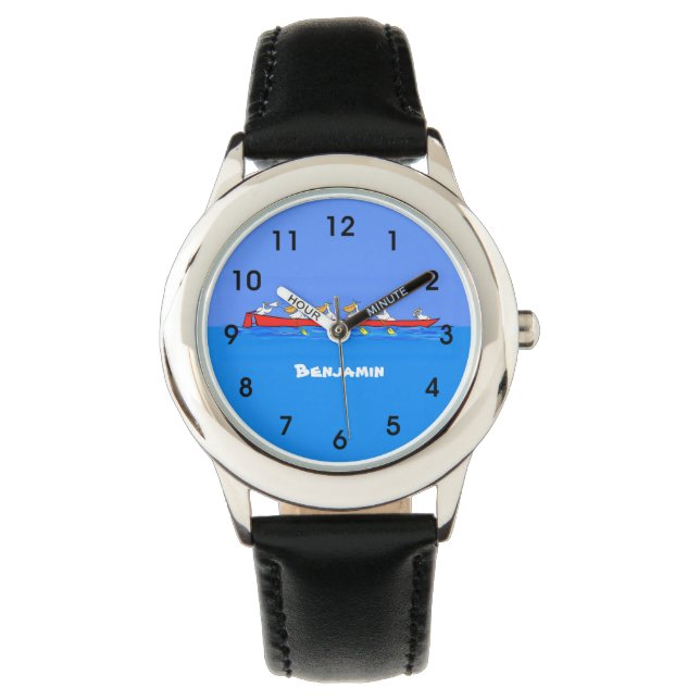 Funny pelicans rowing cartoon illustration watch (Front)