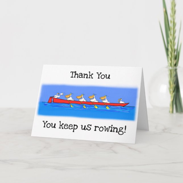 Funny pelicans rowing cartoon Thank You card. (Front)