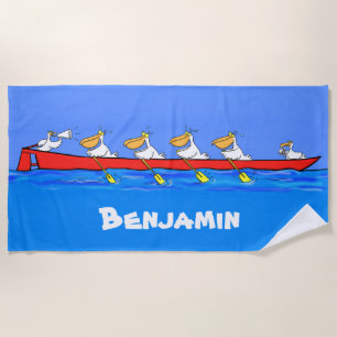 Funny pelicans rowing team cartoon beach towel. towel