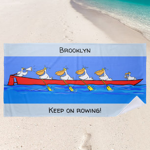 Funny pelicans rowing team cartoon personalised. beach towel