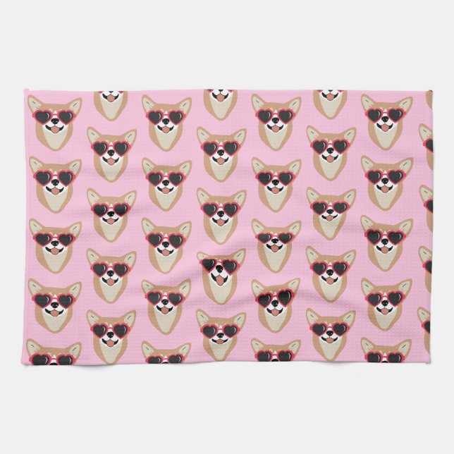 Funny Pembroke Welsh Corgi Pattern Pink Tea Towel (Horizontal)