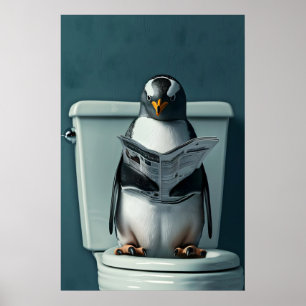 Funny Penguin Bathroom Print, Toilet Newspaper Art Poster