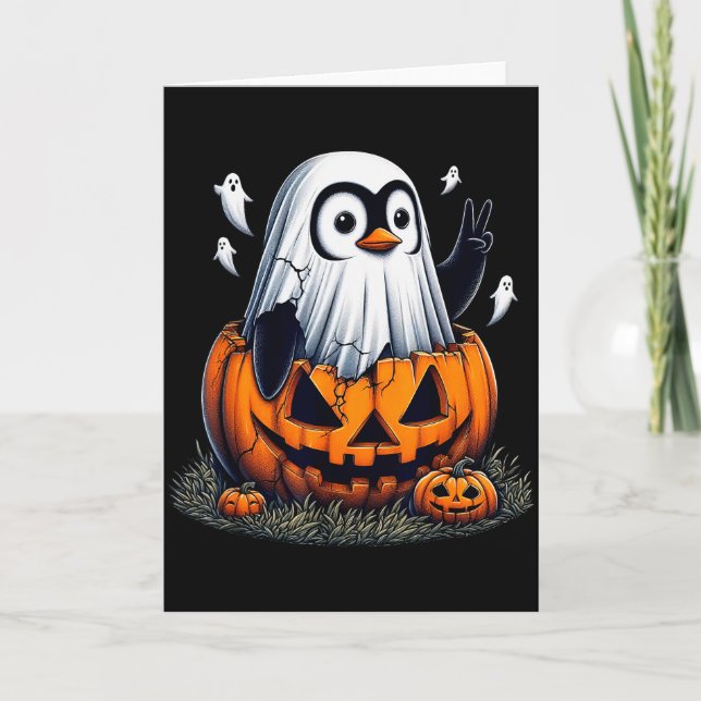 Funny Penguin Boo Halloween Ghost Womens Mens Kids Card (Front)