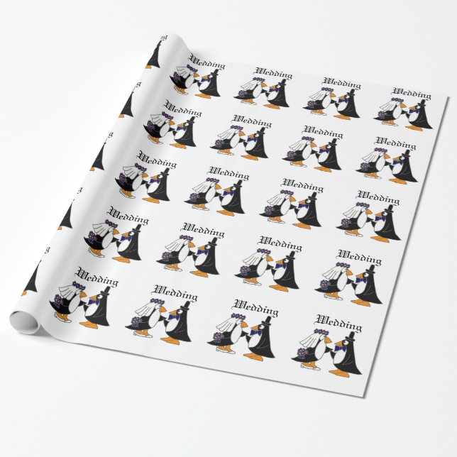 Funny Penguin Bride and Groom Wedding Cartoon Wrapping Paper (Unrolled)