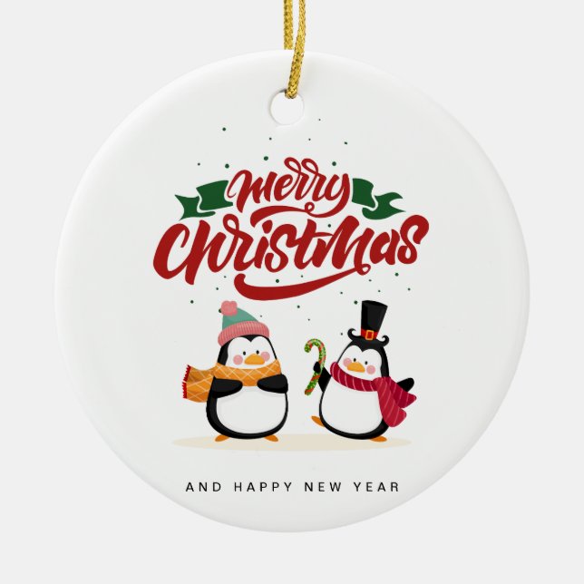 Funny Penguin Christmas Card, Merry Christmas  Ceramic Tree Decoration (Front)
