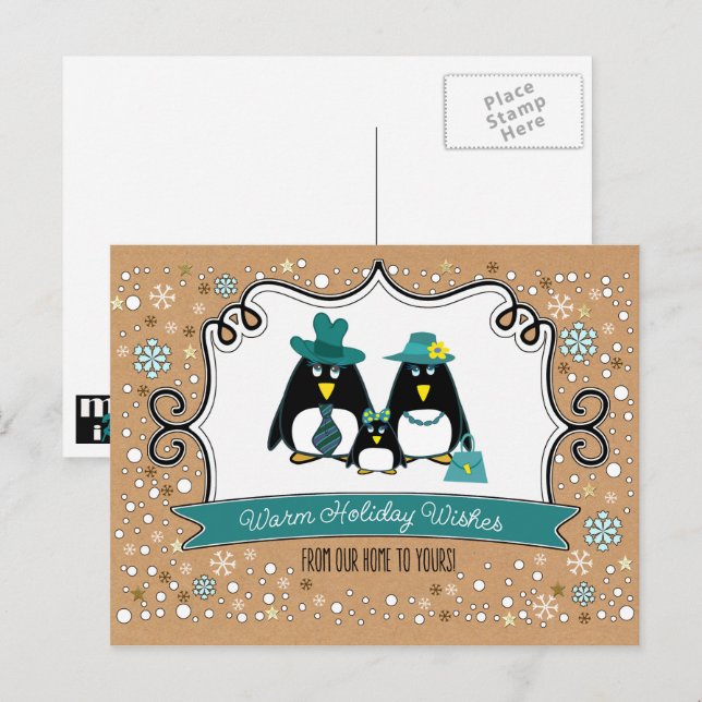 Funny Penguin Family of 3 Christmas Postcards (Front/Back)