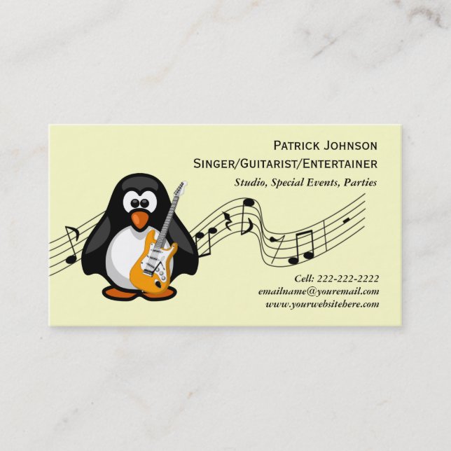 Funny Penguin Guitar Player Musician Guitarist Business Card (Front)