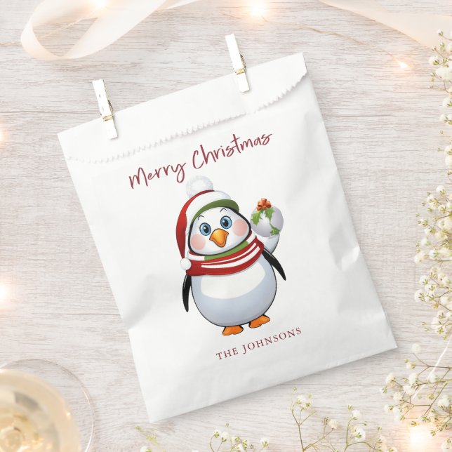 Funny Penguin Holding Ornament Merry Christmas  Favour Bags (Clipped)