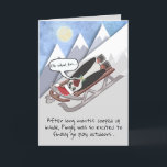 Funny Penguin on Sled Personalised Holiday Card<br><div class="desc">Pingly Penguin, wearing his bouncy spring-loaded shoes, is strapped to a sled & headed down a high snowy mountain straight out of quarantine. Oh What Fun! (or not)… Along w/a message inside to personalise, this funny holiday card will give your friends & family a sure laugh for Christmas, Hanukkah, New...</div>