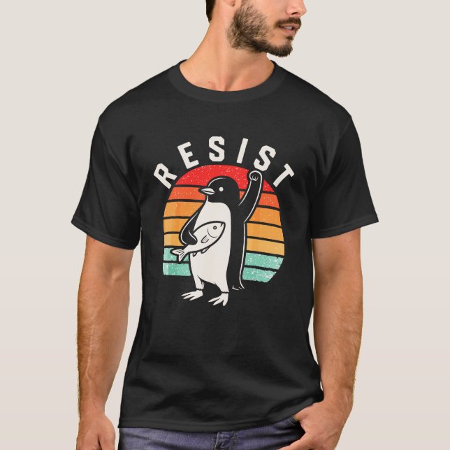 Funny Penguin Resist Anti-Tariff Protest Political T-Shirt (Front)