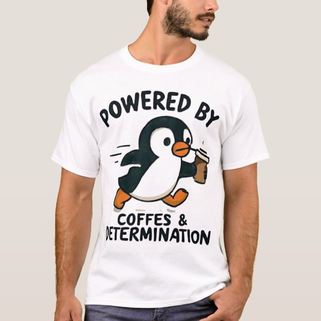 Funny Penguin Running with Coffee Cup T-Shirt (Front)