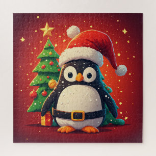 🐧 Funny Penguin Santa Christmas Lights Theme 🎄 Jigsaw Puzzle